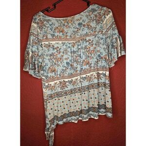 Floral Print Tie Front Top Bohemian‎ Blouse Ruffle Sleeve
